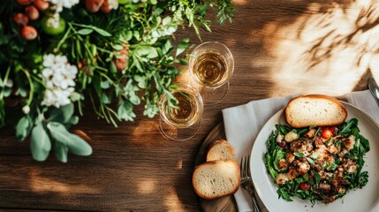 A gourmet presentation featuring a plate of roasted vegetables garnished with greens and served with slices of crusty bread, accentuated by a floral ambiance.