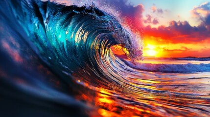 A large wave breaking in the ocean at sunset