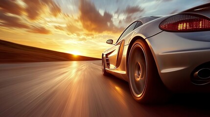 A sleek sports car speeds along an open road at sunset, capturing the essence of adventure, freedom, and power, framed by a dynamic and breathtaking visual scene.