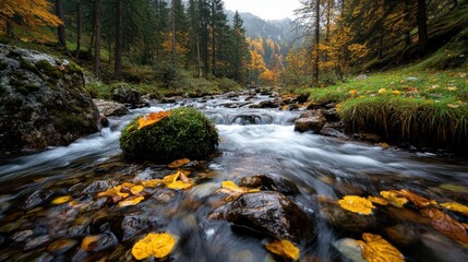 A picturesque river flows through a forested autumn landscape, with vibrant orange leaves scattered along its rocky banks, capturing nature's serene beauty.
