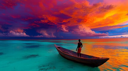 Fototapeta premium A man standing in a boat in the middle of the ocean