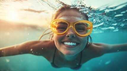 Naklejka premium A woman smiles brightly underwater, sporting yellow goggles, creating a lively, cheerful moment in a calm aquatic environment, capturing joy and freedom in motion.