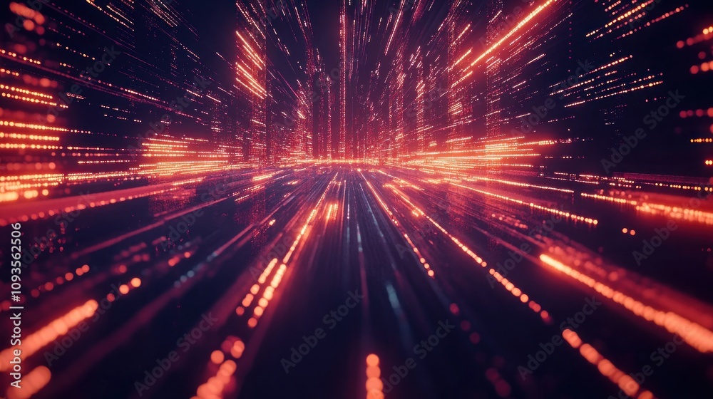 Poster abstract digital landscape with vibrant light trails suggesting speed and motion.