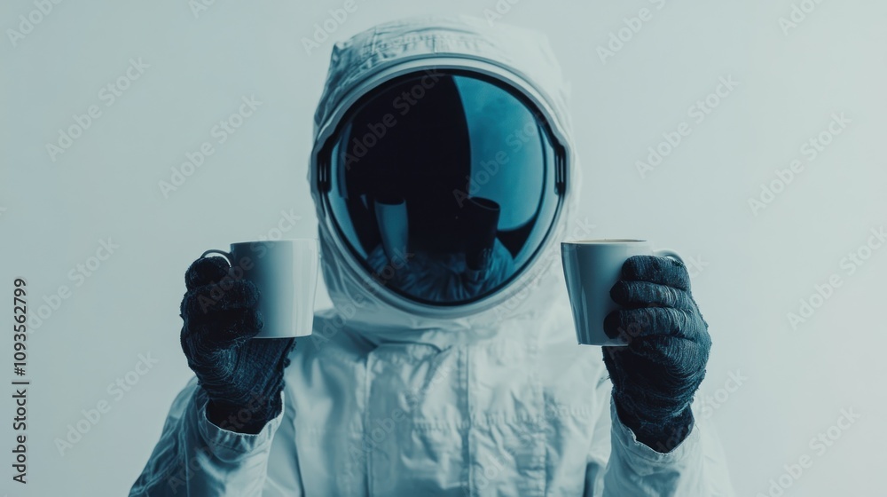 Poster an astronaut holds two cups, symbolizing a blend of space exploration and everyday life.