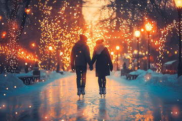 Couple Ice Skating at a Festive Outdoor Rink