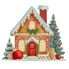 Watercolor Gingerbread House with Festive Decorations