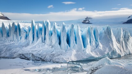 Spectacular view from the ice glacier with tall ice spires. Deep blue crevasses stretch across the glacier, forming a complex network of cracks. The pristine beauty and power of nature.