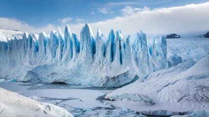 Spectacular view from the ice glacier with tall ice spires. Deep blue crevasses stretch across the glacier, forming a complex network of cracks. The pristine beauty and power of nature.