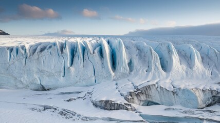 Spectacular view from the ice glacier with tall ice spires. Deep blue crevasses stretch across the glacier, forming a complex network of cracks. The pristine beauty and power of nature.
