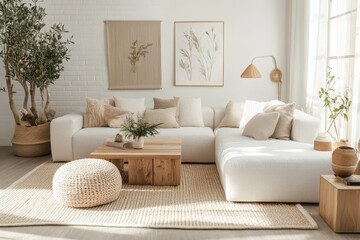 Fototapeta premium Bright and airy living room with minimalist Scandinavian design