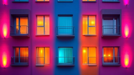 Naklejka premium A modern building facade features vivid, colorful lighting emanating from its windows, creating a lively and urban representation of contemporary architecture.
