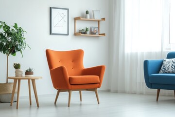 Sunlit corner of modern living room with mid-century furniture