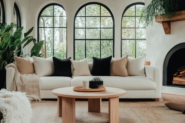Bright and cozy living room with modern and traditional design elements