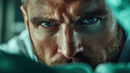 A dramatic and intense close-up portrait of a blue-eyed man displaying determination and focus, capturing the texture of his skin and deep gaze in a dynamic manner.