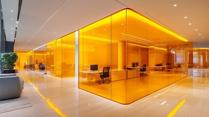 The image showcases a contemporary office space with striking orange glass walls and modern furniture, reflecting sophistication, creativity, and innovative design elements.