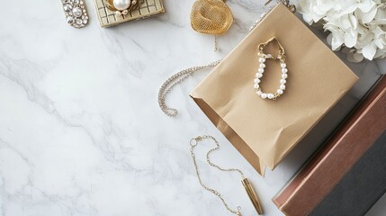 Elegant Gold Jewelry and Accessories Arranged on Marble