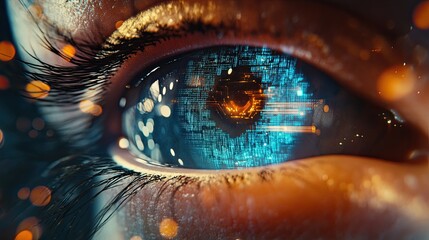 Close-up of a human eye with digital data overlay.