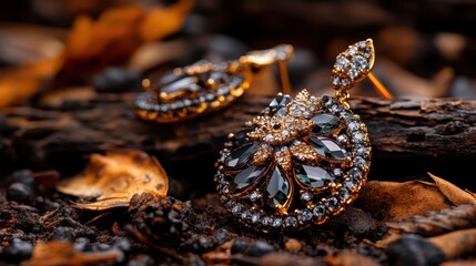 Fototapeta premium Elegant earrings adorned with intricate jewels and delicate designs rest artistically among natural elements, capturing the essence of refinement and beauty.