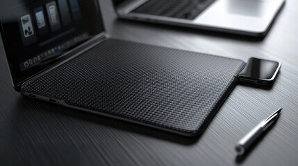 Modern laptop with phone and pen on desk.