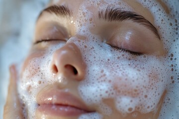 Fototapeta premium Close-up of woman washing face with foamy cleanser and smiling
