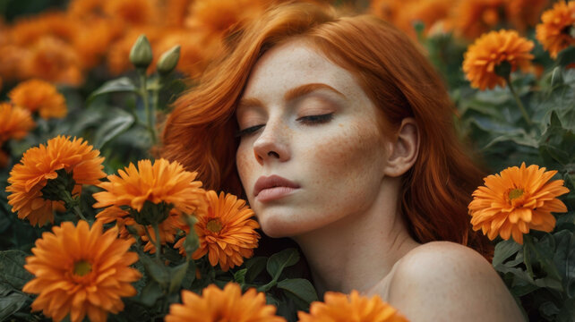 Hermosa mujer de pelo rojo durmiendo sobre grandes flores de color anaranjado
