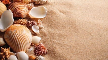 A collection of various seashells lies scattered on a pristine sandy beach, capturing the serene and natural beauty of coastal landscapes under the sunlight.