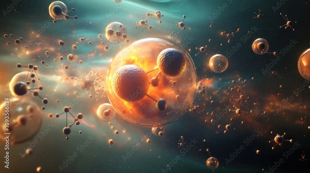 Poster Atomic structure illustration shows dynamic motion of atoms, electrons in subatomic space. Atoms, nuclei clustered in groups. Concept image for scientific journals. Micro, nano scale universe theme.