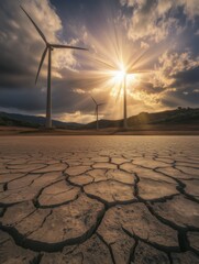 Wind turbines stand tall under a dramatic sky with cracked earth revealing drought conditions at sunset