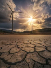 Fototapete Wind turbines stand tall under a dramatic sky with cracked earth revealing drought conditions at sunset © Alina