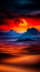 A sunset in the desert with a full moon in the sky