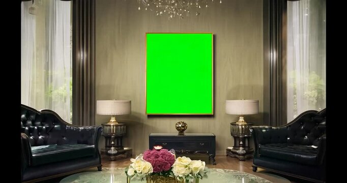 An elegant and sophisticated living room featuring a large green screen frame as the focal point on the wall, surrounded by luxurious furniture and soft,