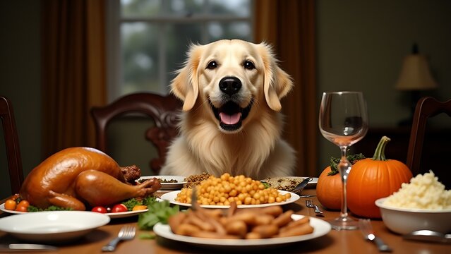 rambunctious Golden Retriever occupies the Thanksgiving dinner table, surrounded by a lavish spread of food including a perfectly roasted turkey.