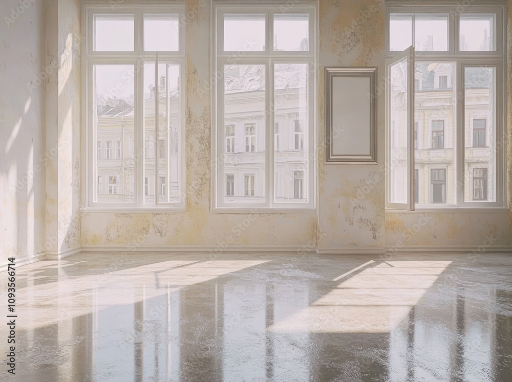 Poster a sunlit empty room with large windows and a mirror, showcasing a serene atmosphere.