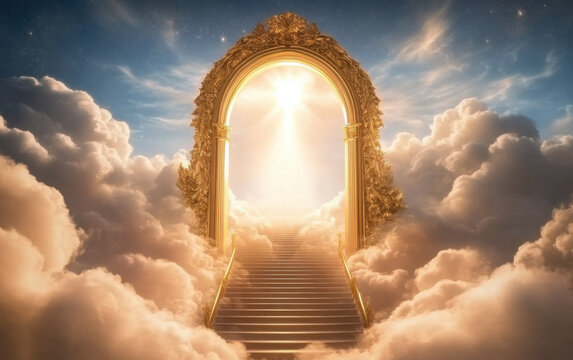 staircase and gate in heaven in the clouds, symbol of paradise
