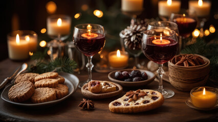 An elegant arrangement of festive drinks such as mulled wine and champagne, accompanied by Christmas desserts like fruitcake and mince pies