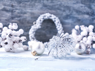 Christmas decoration on rustic wooden background. Soft focus. Copy space.