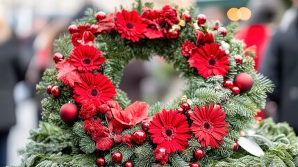 Festive Christmas Wreath Adorned With Red Gerbera Daisies