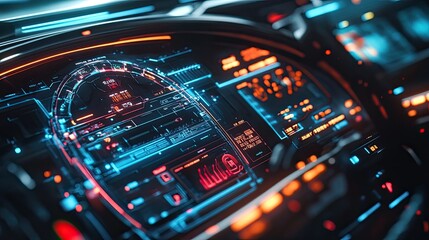 Obraz premium Futuristic car dashboard with holographic display showing speed, RPM, and other vital information.