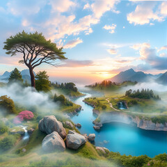 Ethereal Vapor Landscape Panorama: A Three-Dimensional Visual Art Collage of Tranquil Beauty