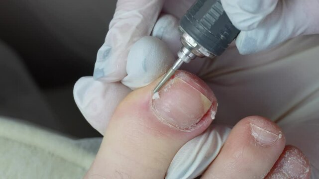Professional hardware pedicurist, podiatrist cleaning nails using a nail miller