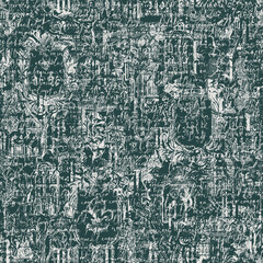 Abstract grunge Seamless pattern Wallpaper on ancient architecture and art. Hand-drawn text on vector vintage background, architectural elements, medieval knightly coats of arms and old keys. 