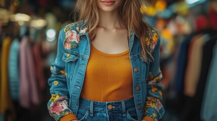 Fototapeta premium A young woman in a floral denim jacket poses in a vibrant clothing store.
