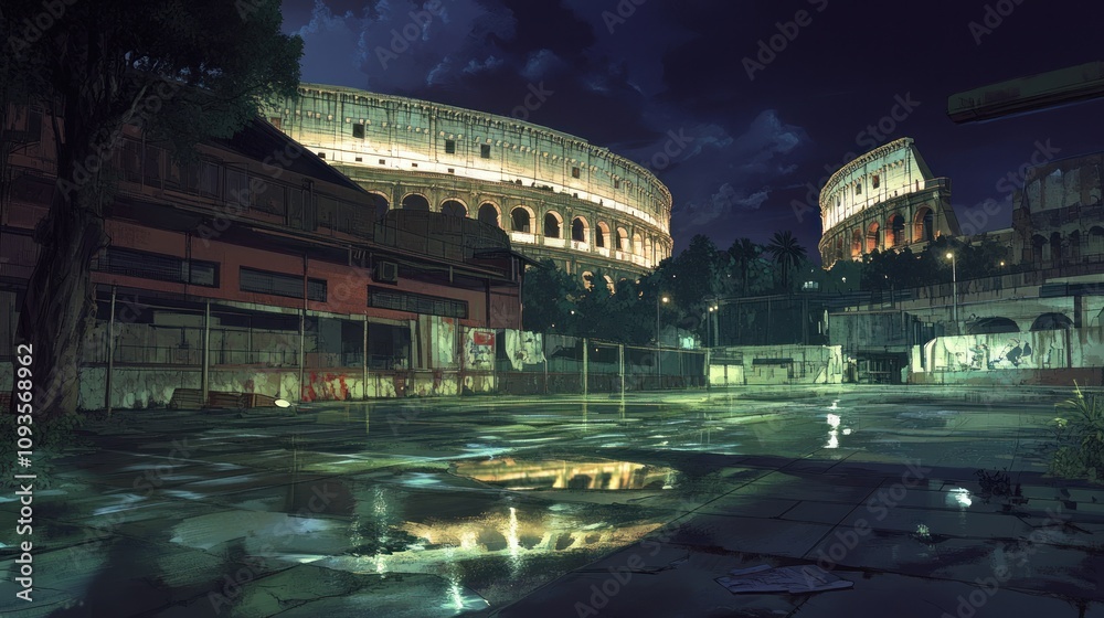 Aufkleber a nighttime view of an abandoned area with a coliseum backdrop, reflecting on puddles.