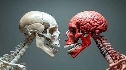 Two facing human skeletal figures, one with an exposed brain, illustrate the anatomical details and contrast between the skull and visible brain structure scientifically.