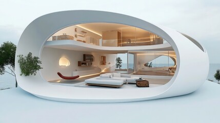 Obraz premium Modern, futuristic white house with ocean view, open floor plan, minimalist interior design.