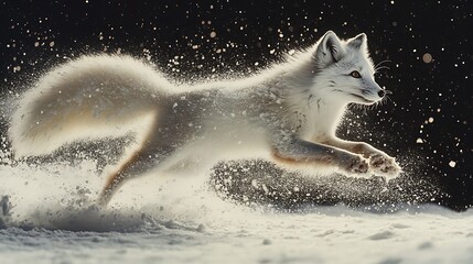 An Arctic fox leaping into the snow to hunt its fluffy tail high in the air and a spray of snow framing the action