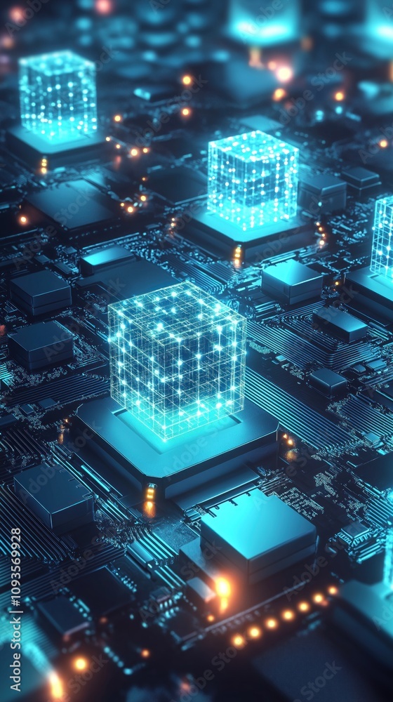 Poster Futuristic quantum computer processing units. Glowing cubic microchips on circuit board. Entangled qubits form network. Advanced computing tech concept. Abstract illustration of quantum bits. Neon