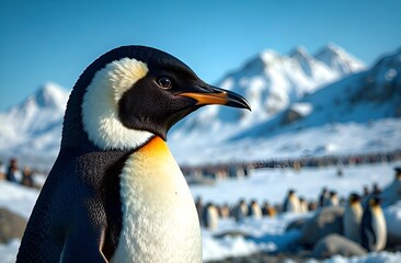 Naklejka premium Penguin close up on north landscape, penguins and iceberg in the background.