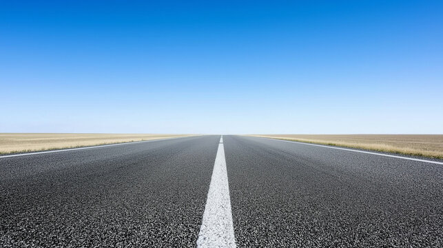 Straight asphalt road stretching into the horizon, surrounded by an empty plain under a clear blue sky, creating a clean and minimalist composition with open space and tranquility