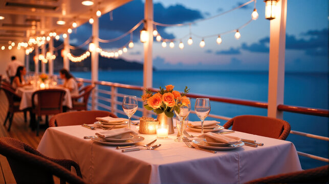 Romantic dining experience on a cruise ship at sunset with ocean views and elegant table settings